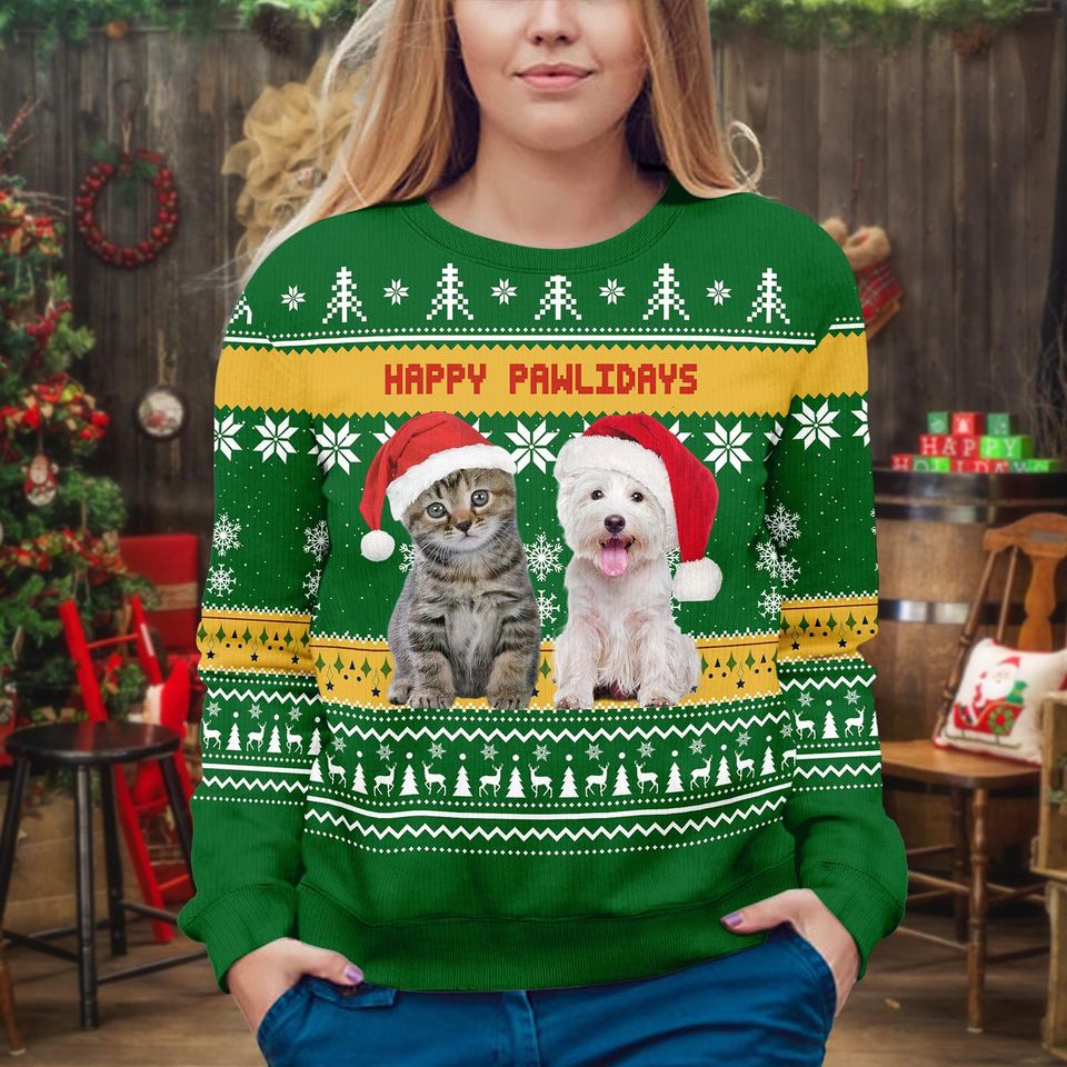 Custom Dog & Cat Photo Ugly Christmas Sweater, Personalized Custom Dog Photo Ugly Sweater, Funny Christmas Gift