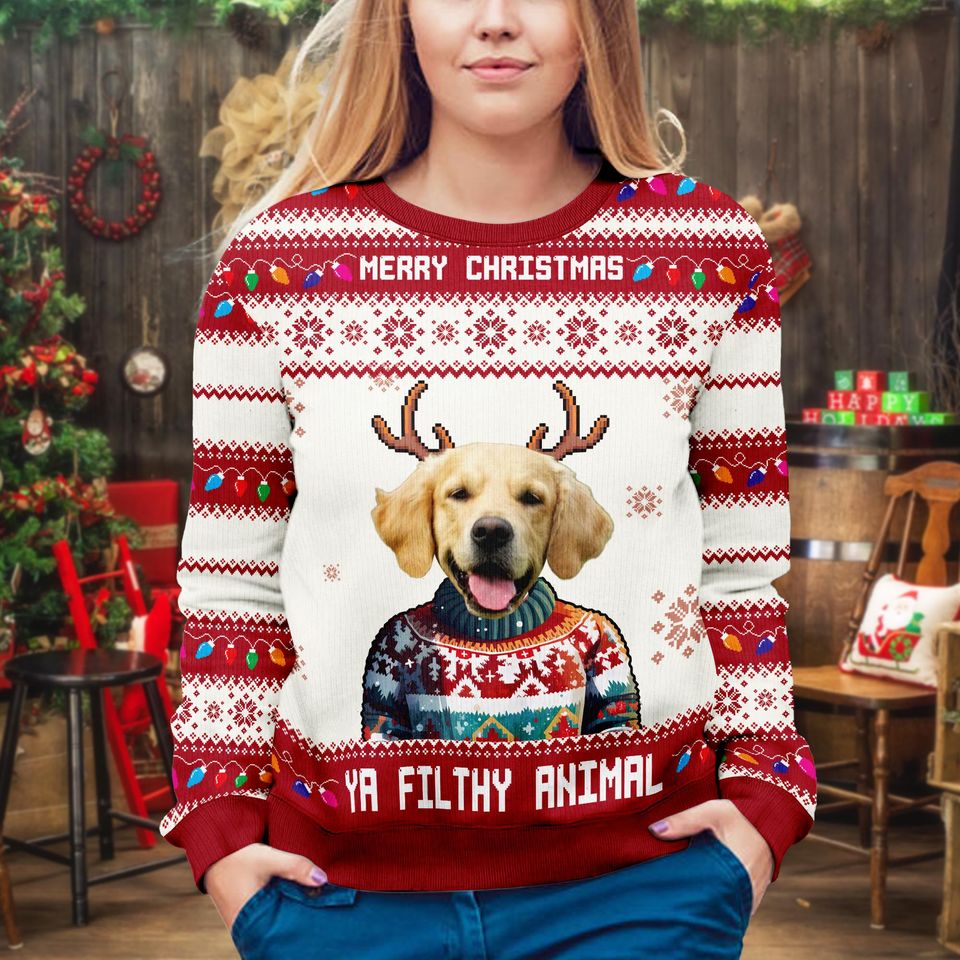 Custom Dog & Cat Photo Ugly Christmas Sweater, Personalized Custom Dog Photo Ugly Sweater, Funny Christmas Gifts - Image 3