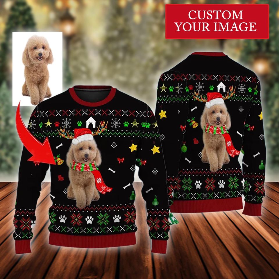 Custom Dog Face Christmas Light Ugly Sweater