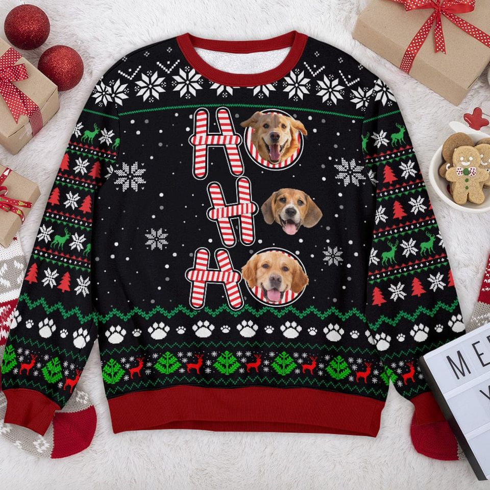 Custom Dog Photo Ho Ho Ho Christmas Personalized Ugly Sweatshirt