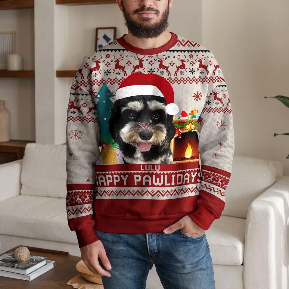 Custom Dog Photo Ugly Christmas Sweater, Personalized Pet Face Happy Pawlidays Sweatshirt