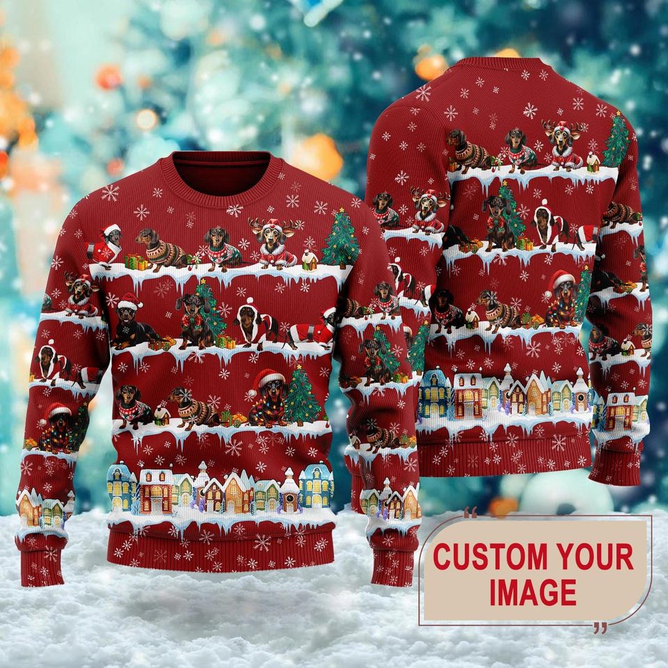 Custom Dog Photos Christmas 3D Ugly Sweater, Funny Dachshund Ugly Xmas Sweatshirt