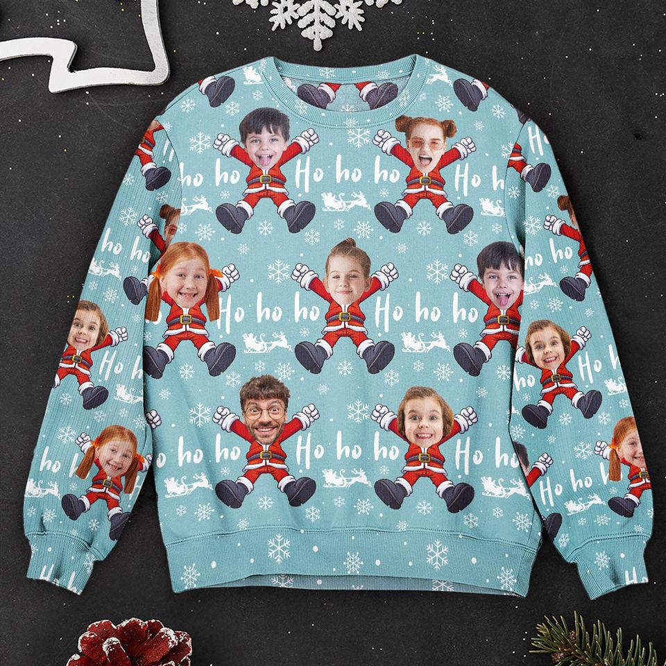 Custom Face Christmas Family Santa Claus, Personalized Family Photo Ugly Sweater - Image 2