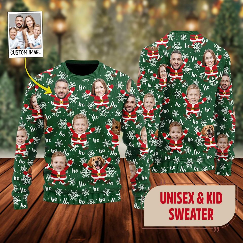 Custom Face Christmas Family Santa Claus Ugly Christmas Sweater, Family Photo Xmas Sweatshirt