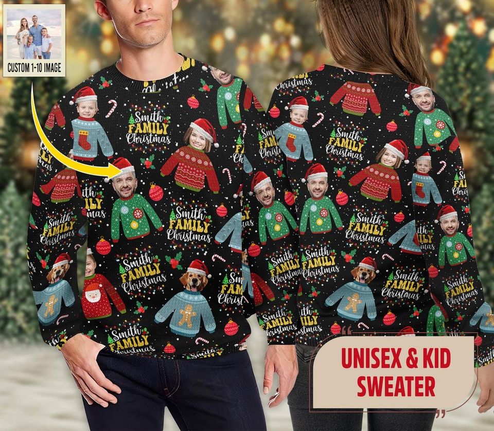Custom Face Christmas Family Silly Xmas Sweatshirt, Personalized Family Photo