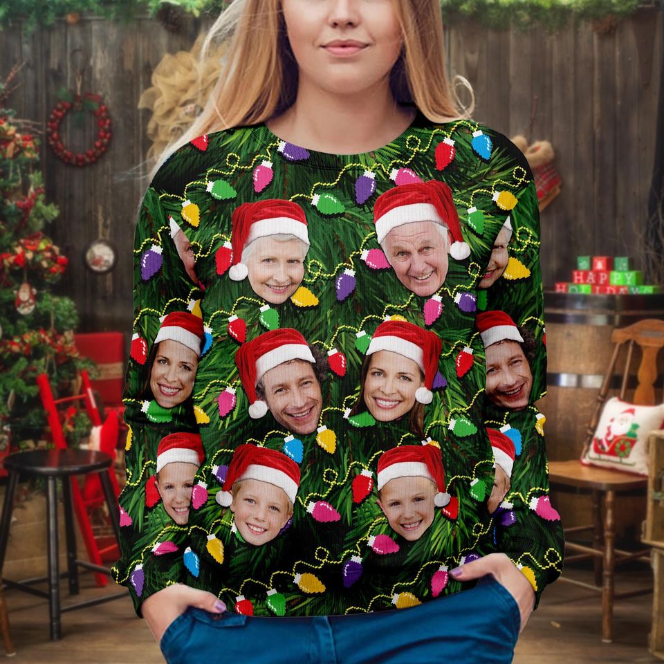 Custom Face Christmas Family Xmas Leds, Personalized Family Photo Ugly Sweater - Image 4