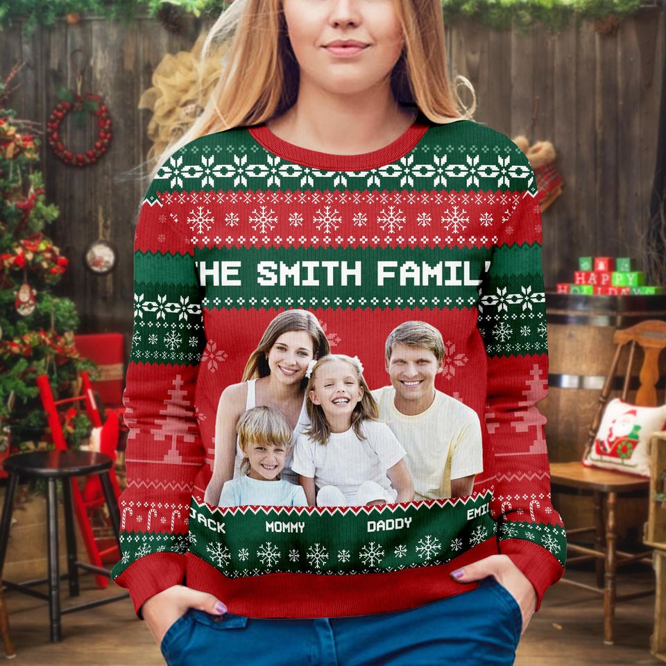 Custom Face Christmas Family Xmas Leds, Personalized Family Photo Ugly Sweater - Image 4