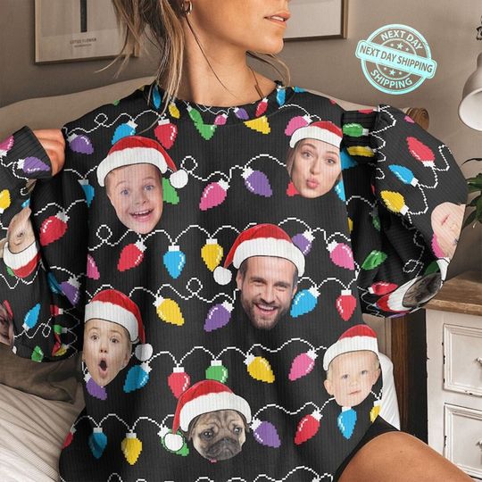 Custom Face Christmas Family Xmas Leds, Personalized Family Photo Ugly Sweater - Image 5