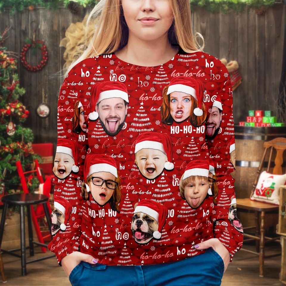 Custom Face Christmas Family Xmas Leds, Personalized Family Photo Ugly Sweater - Image 4
