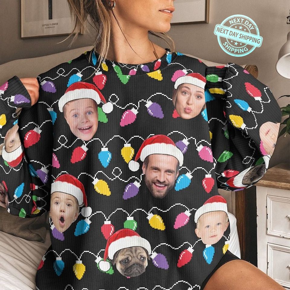 Custom Face Christmas Family Xmas Leds, Personalized Family Photo Ugly Sweater