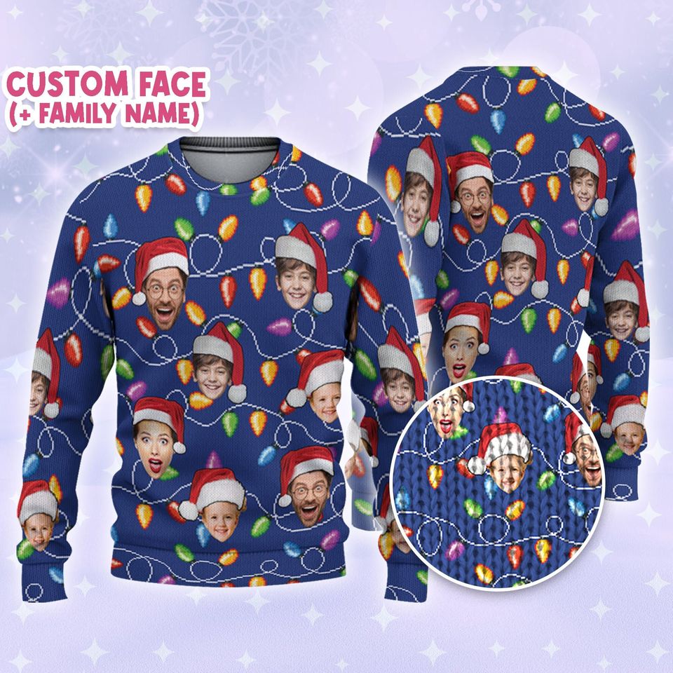 Custom Face Christmas Lights Blue, Personalized Photo Ugly Sweater