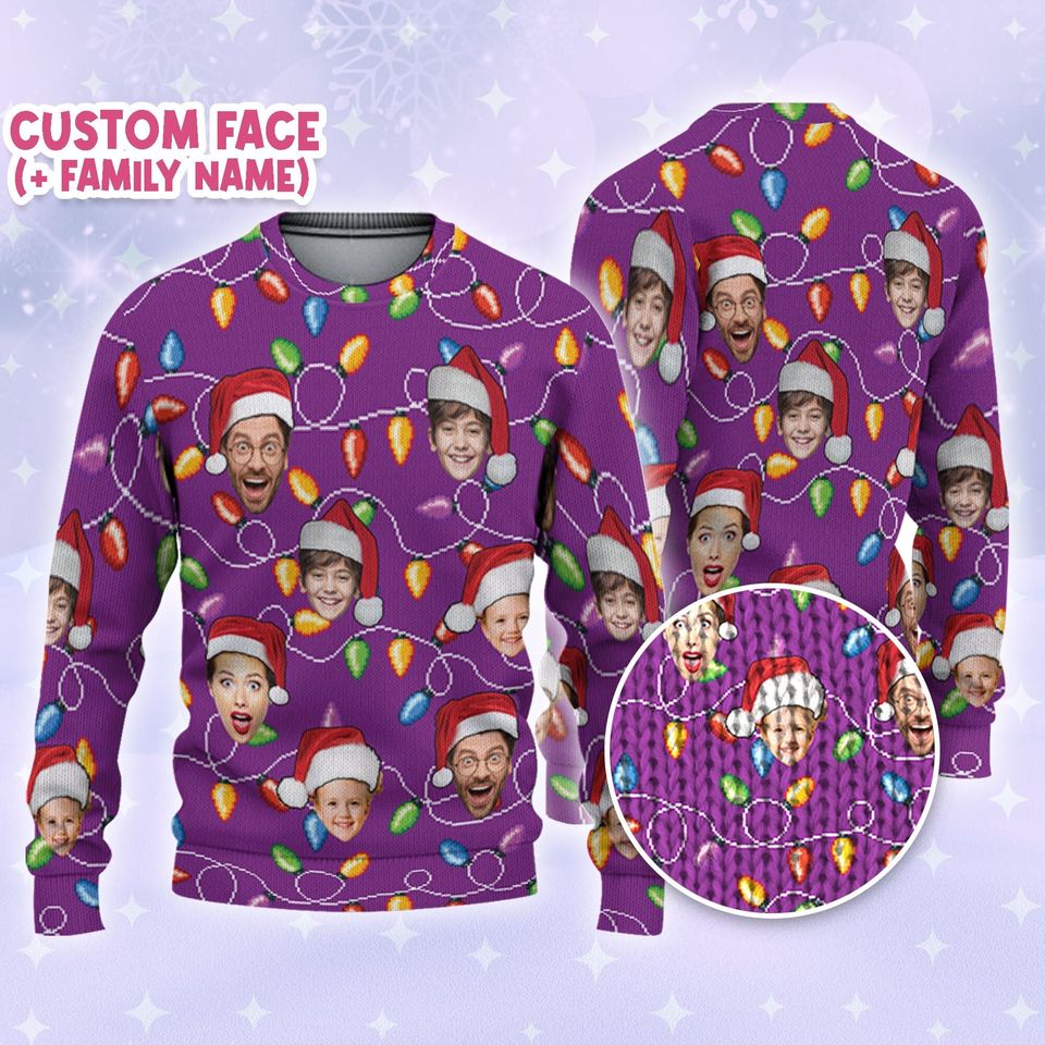 Custom Face Christmas Lights Purple, Personalized Photo Ugly Sweater