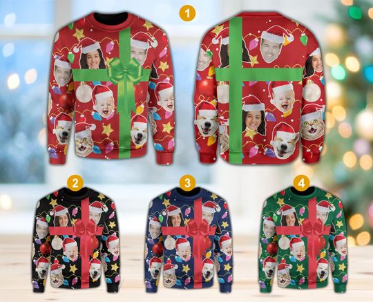 Custom Face Christmas Ribbon Sweatshirt, Funny Gift Box Ugly Christmas Sweater - Image 7