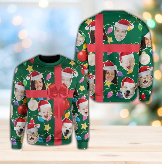 Custom Face Christmas Ribbon Sweatshirt, Funny Gift Box Ugly Christmas Sweater - Image 10
