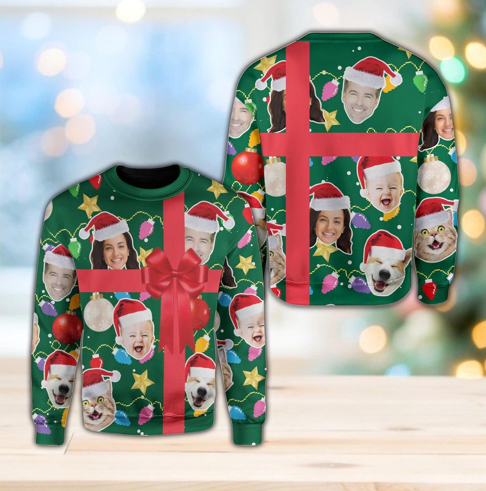 Custom Face Christmas Ribbon Sweatshirt, Funny Gift Box Ugly Christmas Sweater - Image 4