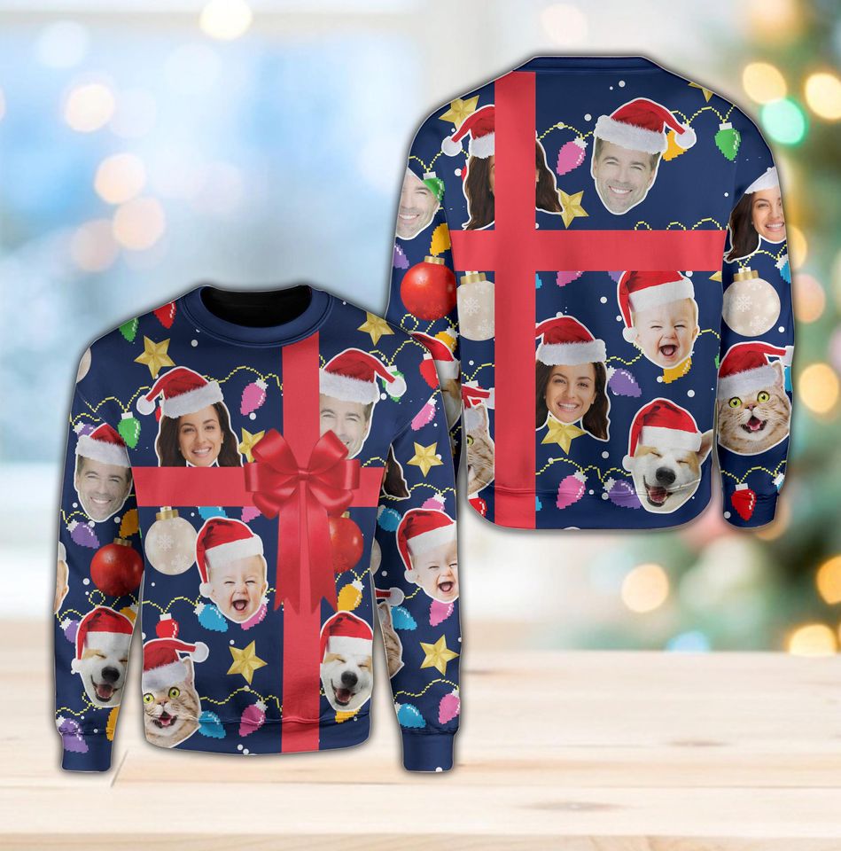 Custom Face Christmas Ribbon Sweatshirt, Funny Gift Box Ugly Christmas Sweater - Image 5