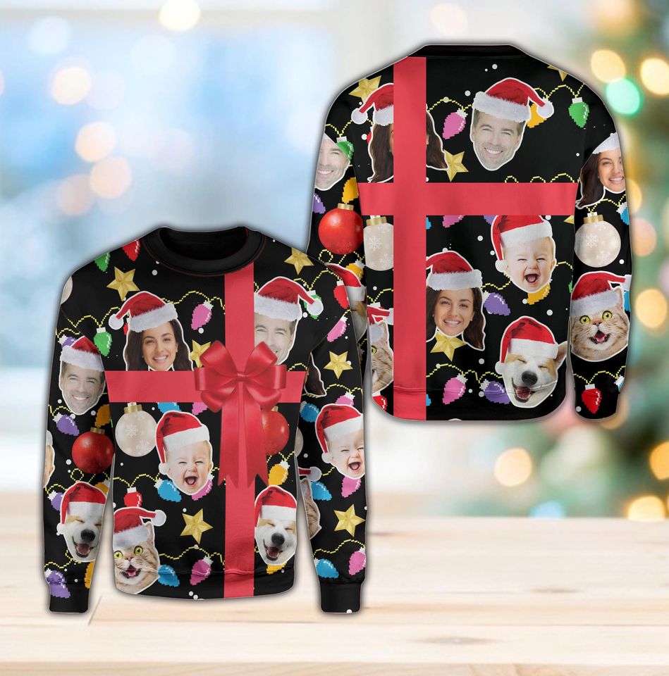 Custom Face Christmas Ribbon Sweatshirt, Funny Gift Box Ugly Christmas Sweater - Image 3