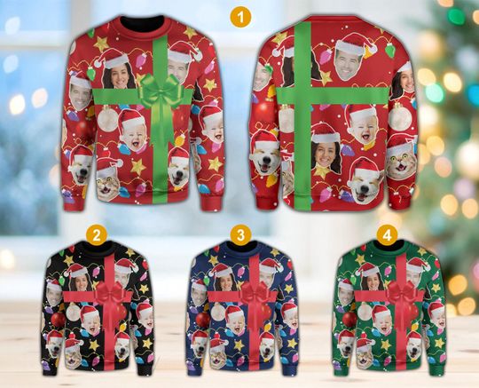 Custom Face Christmas Ribbon Sweatshirt, Funny Gift Box Ugly Christmas Sweater - Image 8