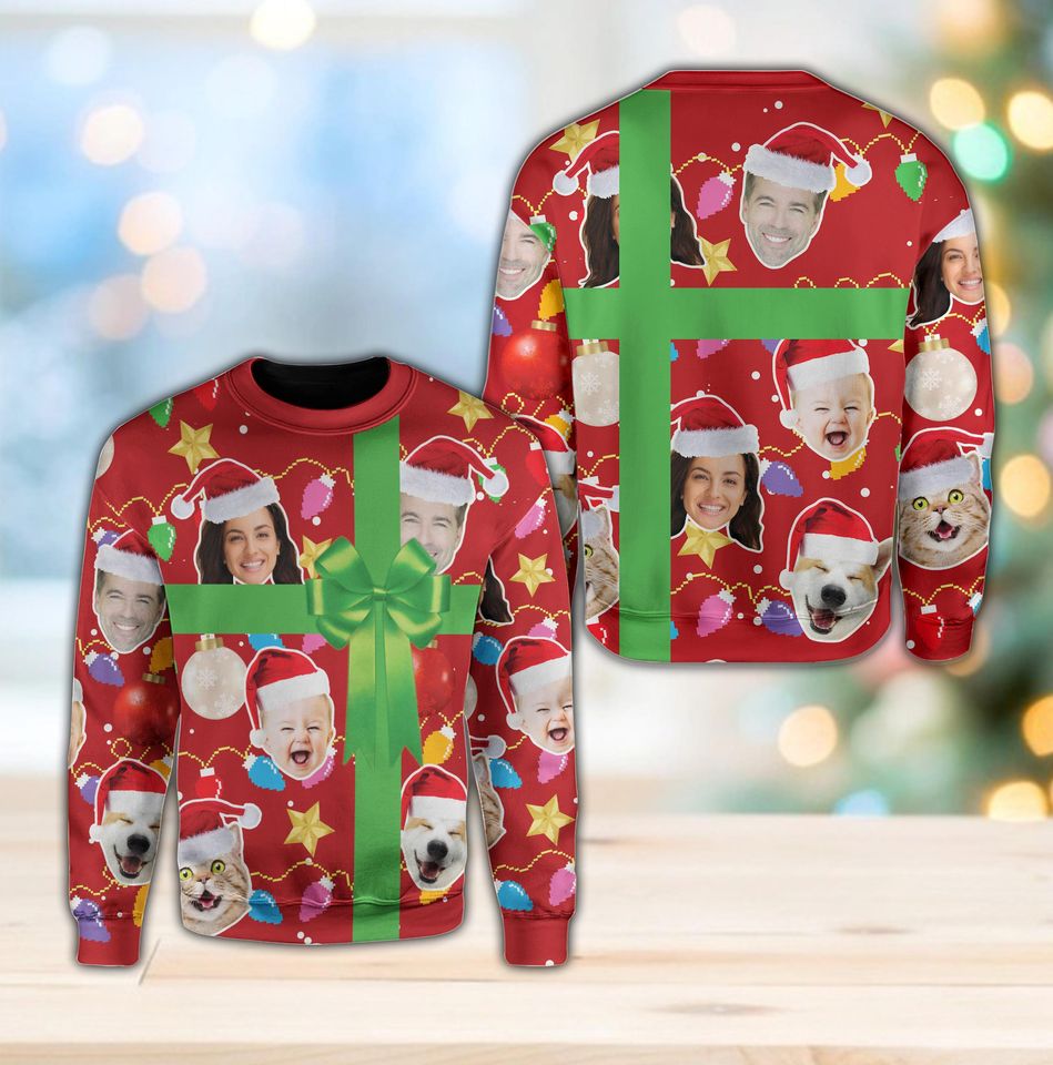 Custom Face Christmas Ribbon Sweatshirt, Funny Gift Box Ugly Christmas Sweater - Image 6