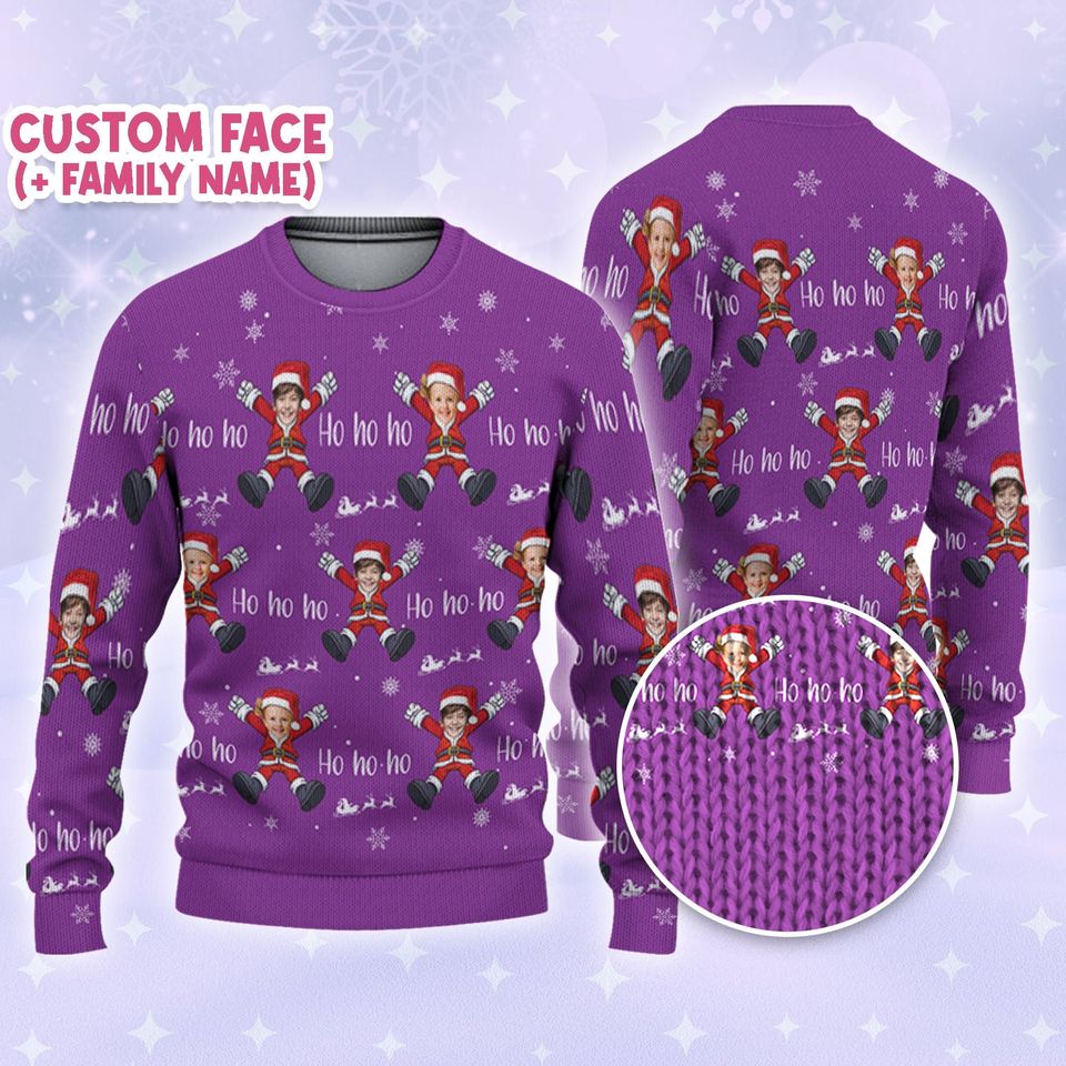 Custom Face Christmas Santa Claus Purple, Personalized Photo Ugly Sweater