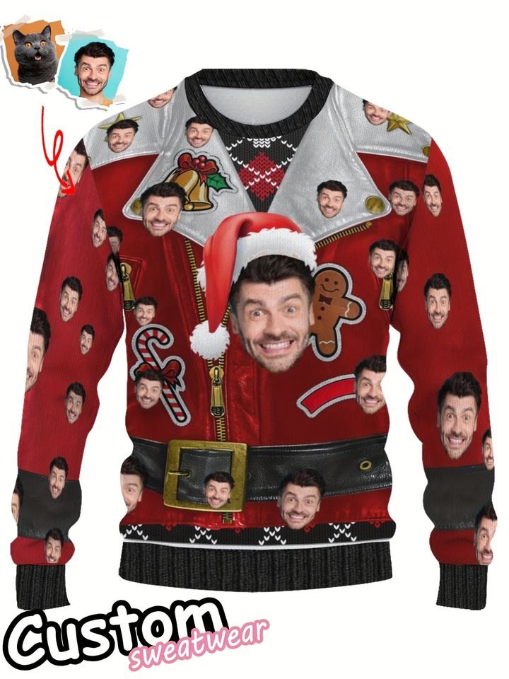 Custom Face Christmas Sweater Ã¢â‚¬â€œ Personalized Santa Hat & Snowflake Design