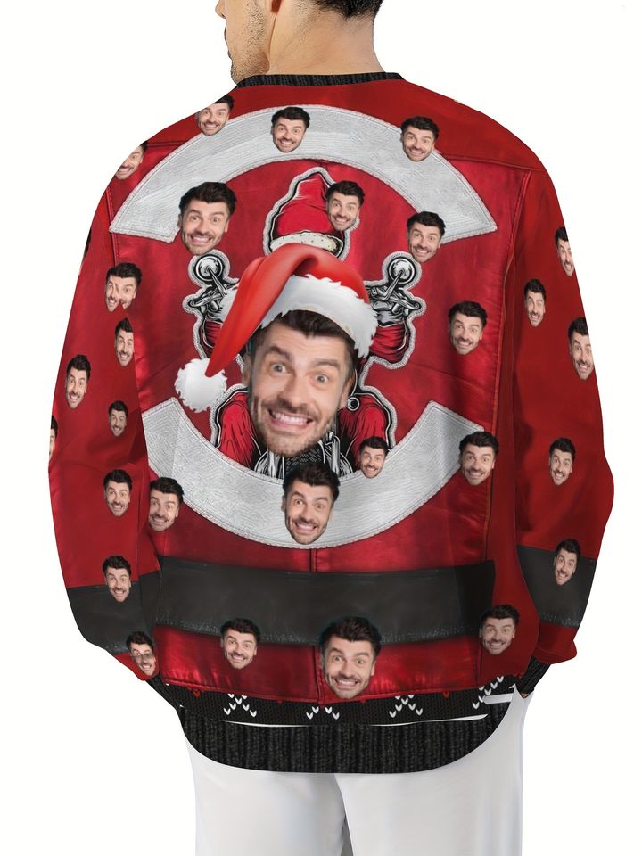 Custom Face Christmas Sweater – Personalized Santa Hat & Snowflake Design - Image 2