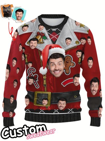 Custom Face Christmas Sweater – Personalized Santa Hat & Snowflake Design - Image 6