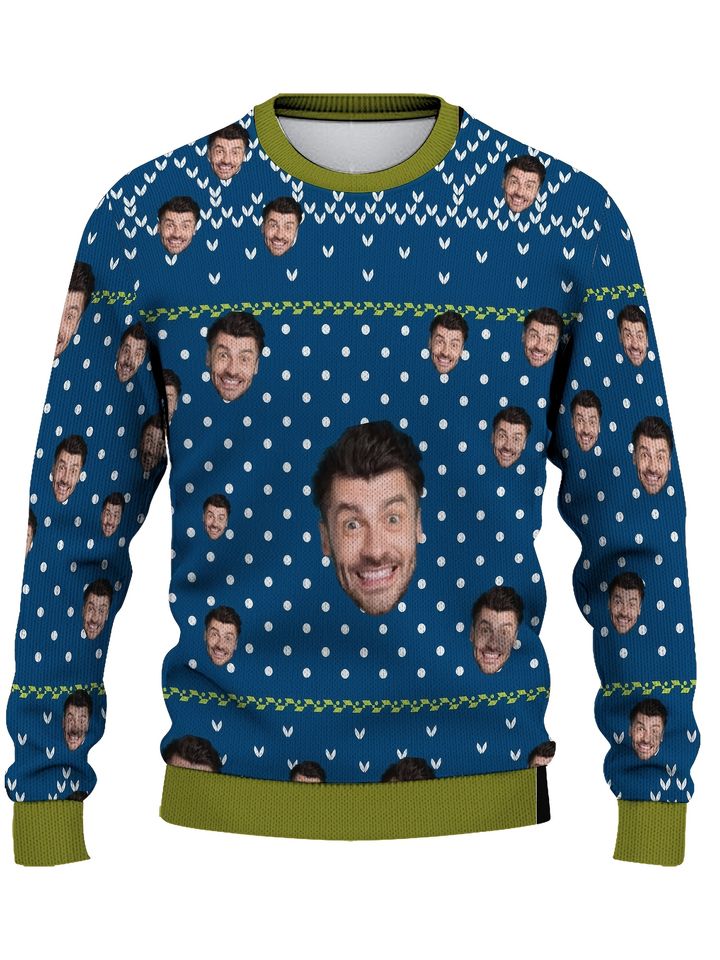 Custom Face Christmas Sweater - Personalized Digital Print Reindeer & Snowflakes Round Neck Pullover - Image 5