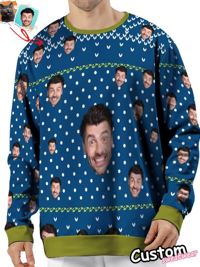 Custom Face Christmas Sweater - Personalized Digital Print Reindeer & Snowflakes Round Neck Pullover - Image 6