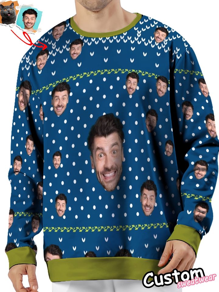 Custom Face Christmas Sweater - Personalized Digital Print Reindeer & Snowflakes Round Neck Pullover