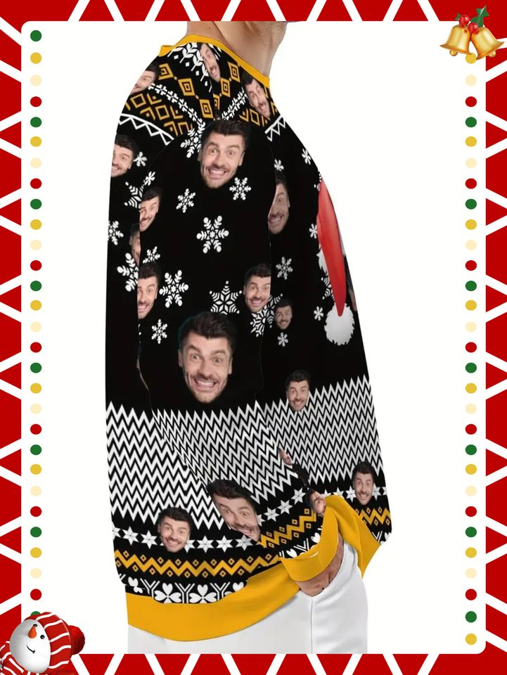 Custom Face Christmas Sweater - Personalized Photo, Holiday Pullover with Santa Hat & Reindeer Antlers - Image 4