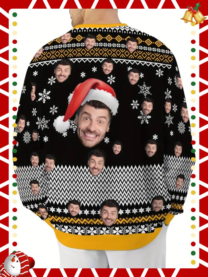 Custom Face Christmas Sweater - Personalized Photo, Holiday Pullover with Santa Hat & Reindeer Antlers - Image 3