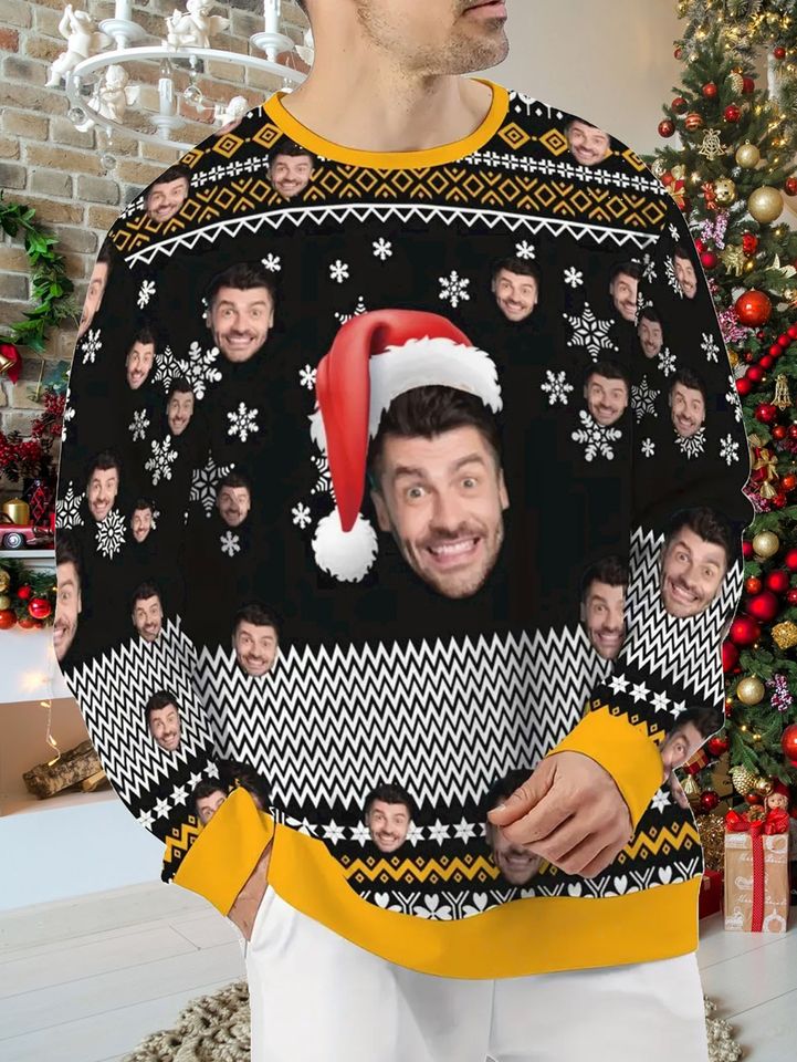 Custom Face Christmas Sweater - Personalized Photo, Holiday Pullover with Santa Hat & Reindeer Antlers - Image 2