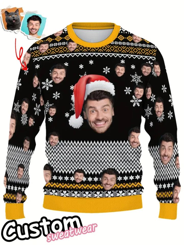 Custom Face Christmas Sweater - Personalized Photo, Holiday Pullover with Santa Hat & Reindeer Antlers