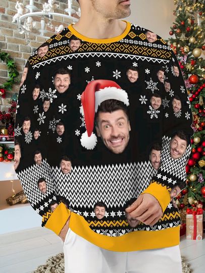 Custom Face Christmas Sweater - Personalized Photo, Holiday Pullover with Santa Hat & Reindeer Antlers - Image 7