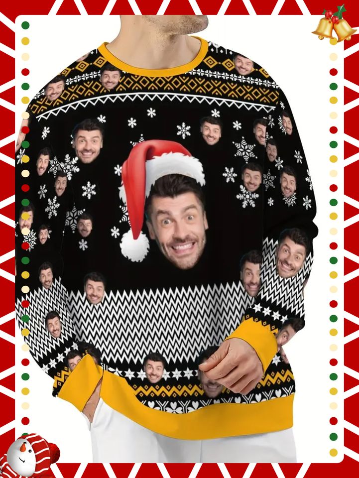 Custom Face Christmas Sweater - Personalized Photo, Holiday Pullover with Santa Hat & Reindeer Antlers - Image 5