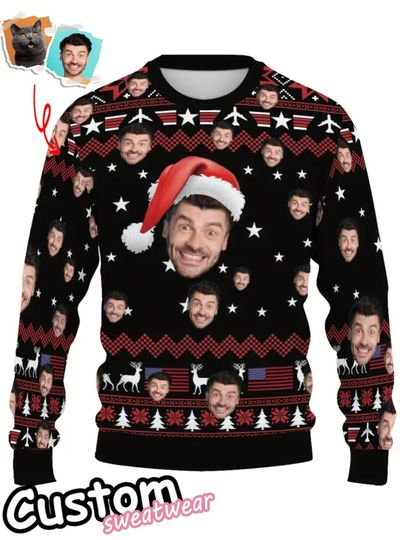 Custom Face Christmas Sweater - Personalized Photo/Video Name & Logo with Santa Hat & Reindeer Snowflake Design - Image 6