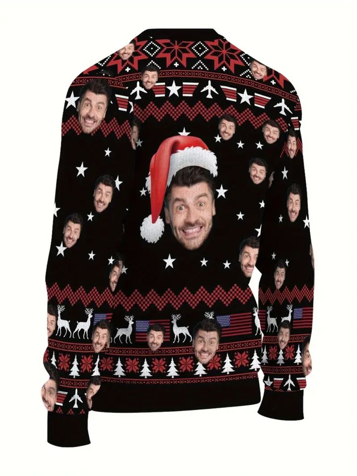 Custom Face Christmas Sweater - Personalized Photo/Video Name & Logo with Santa Hat & Reindeer Snowflake Design - Image 5