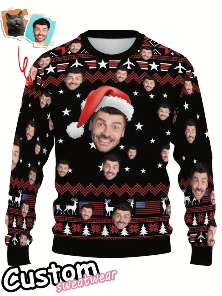 Custom Face Christmas Sweater - Personalized Photo/Video Name & Logo with Santa Hat & Reindeer Snowflake Design