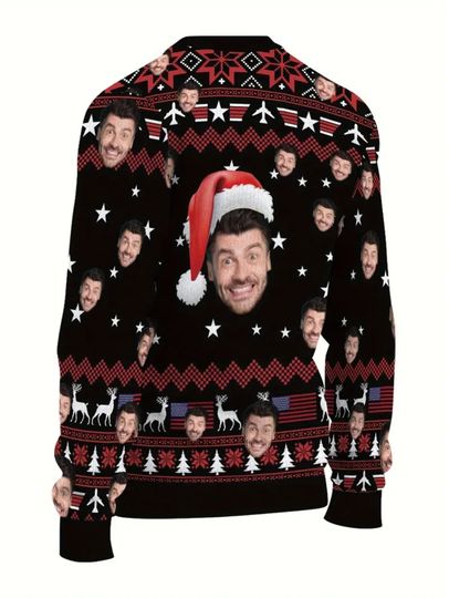 Custom Face Christmas Sweater - Personalized Photo/Video Name & Logo with Santa Hat & Reindeer Snowflake Design - Image 10