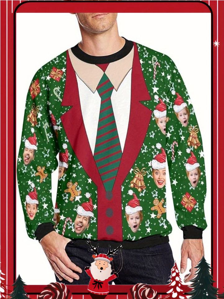 Custom Face Christmas Sweater, Personalized Ugly Sweatshirt, Funny Holiday Crewneck, Xmas Gift, Festive Design