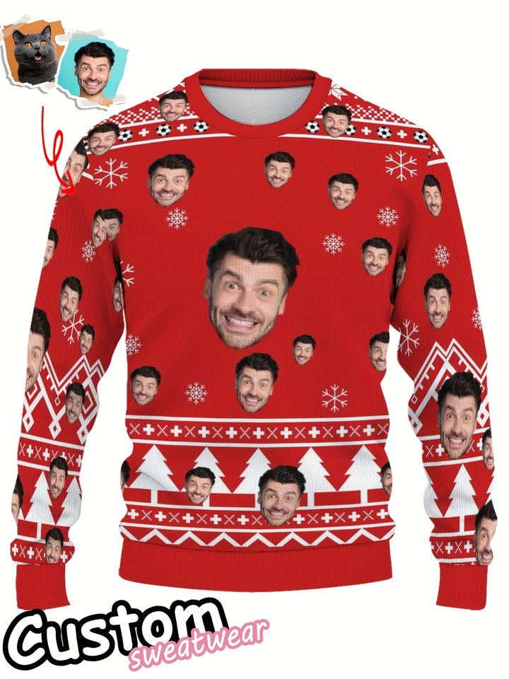 Custom Face Christmas Sweater - Reindeer & Snowflakes, Holiday Gift, Funny Holiday Sweater
