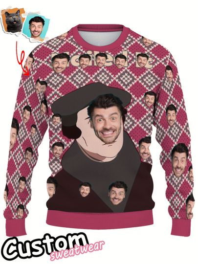Custom Face Christmas Sweater with Plaid & Argyle Patterns - Personalized Digital Print Round Neck Pullover - Image 6