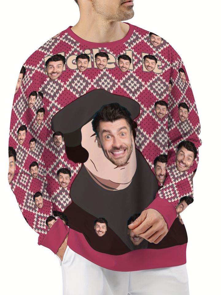 Custom Face Christmas Sweater with Plaid & Argyle Patterns - Personalized Digital Print Round Neck Pullover - Image 5