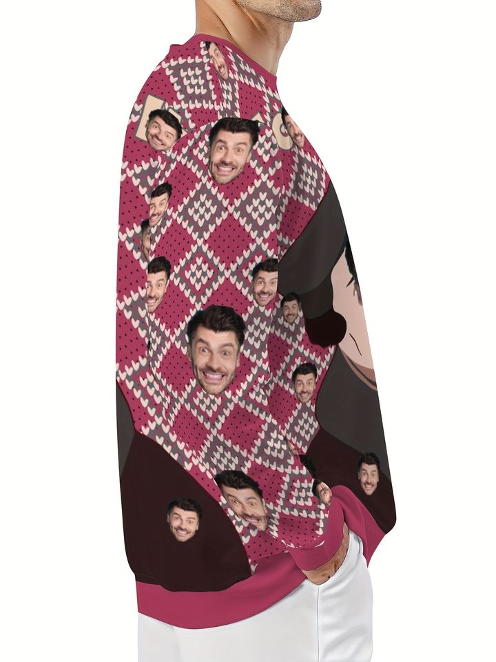 Custom Face Christmas Sweater with Plaid & Argyle Patterns - Personalized Digital Print Round Neck Pullover - Image 3