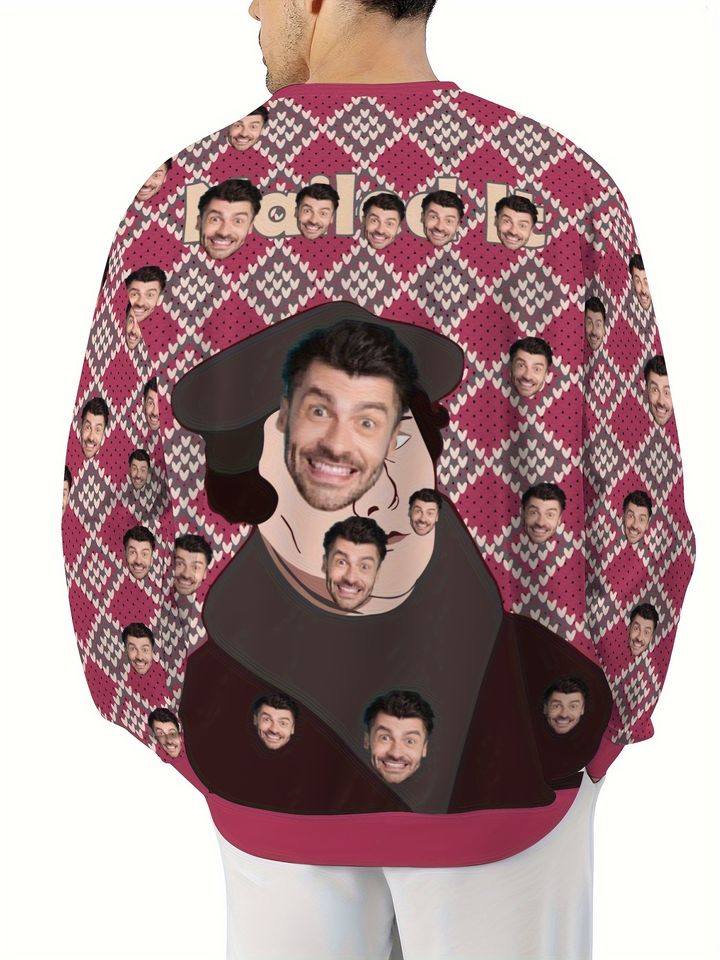 Custom Face Christmas Sweater with Plaid & Argyle Patterns - Personalized Digital Print Round Neck Pullover - Image 2