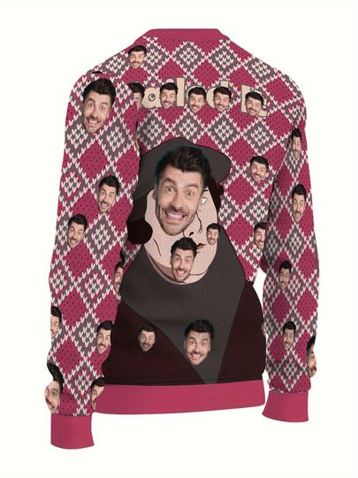 Custom Face Christmas Sweater with Plaid & Argyle Patterns - Personalized Digital Print Round Neck Pullover - Image 9