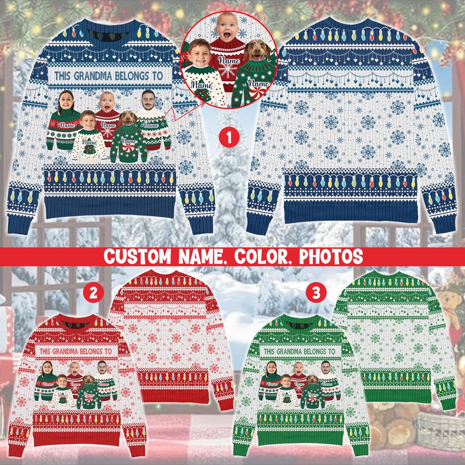 Custom Face Christmas Sweatshirt, This Grandma Belongs To Ugly Christmas Sweater