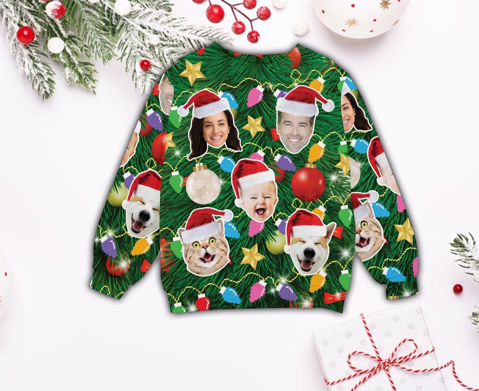 Custom Face Christmas Tree Sweatshirt, Funny Ugly Christmas Sweater