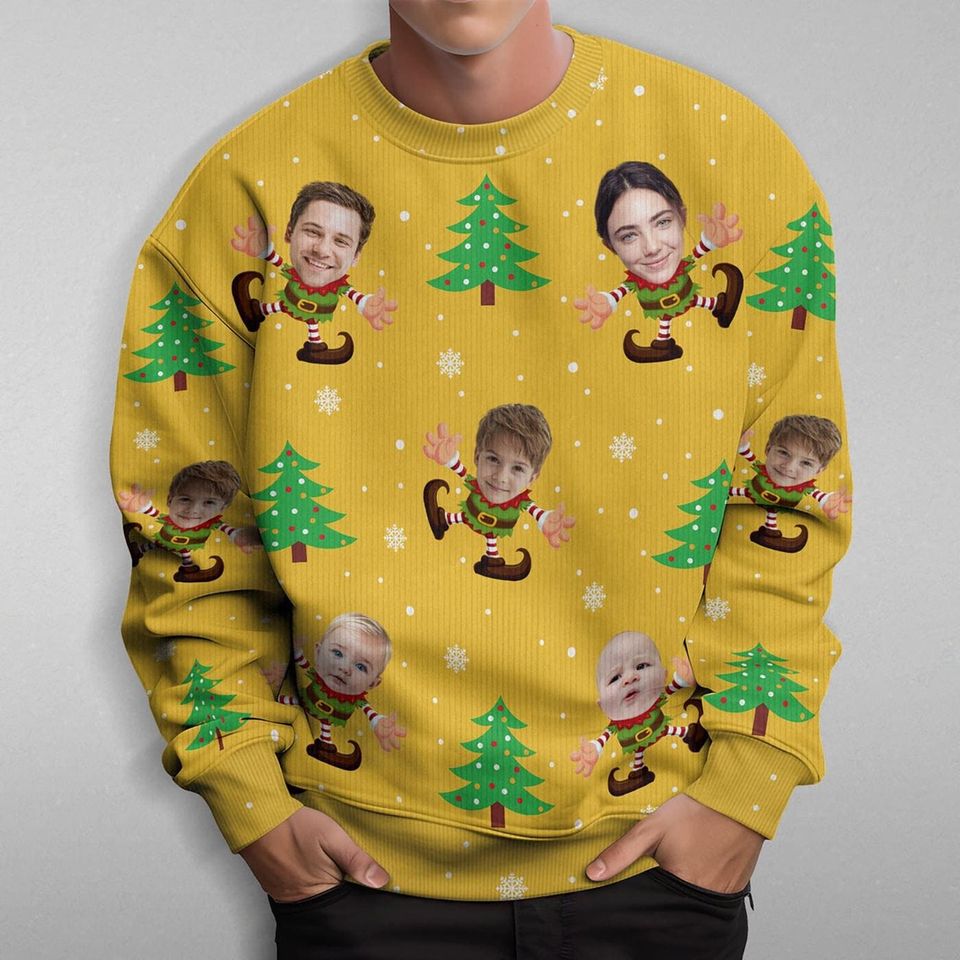 Custom Face Elf Christmas Sweater, Personalized Ugly Xmas Jumper with Your Photo - Image 3
